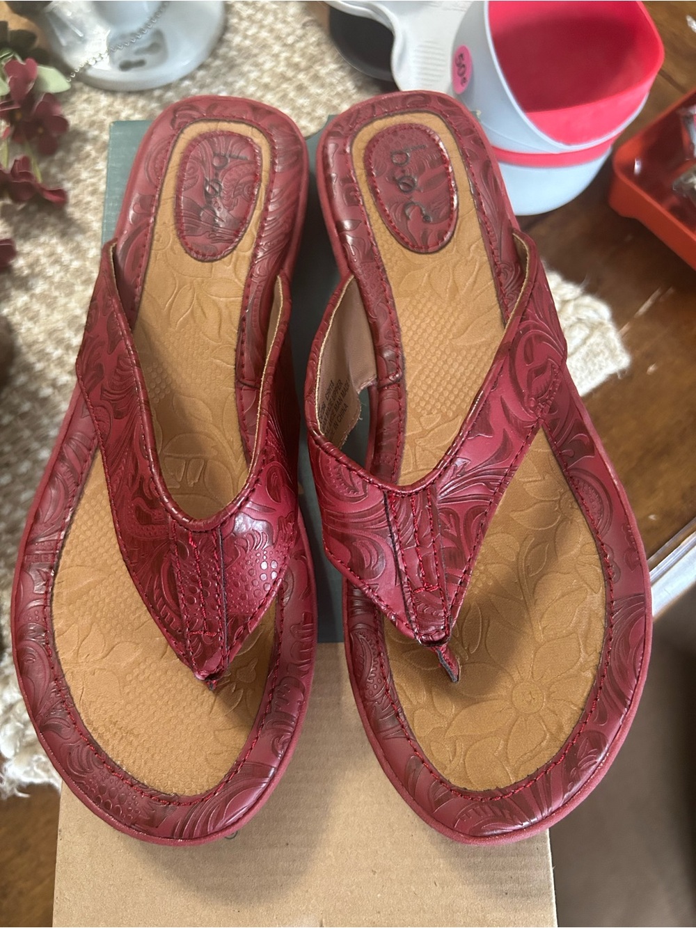 b.o.c. Red Floral-Embossed Thong Sandals
